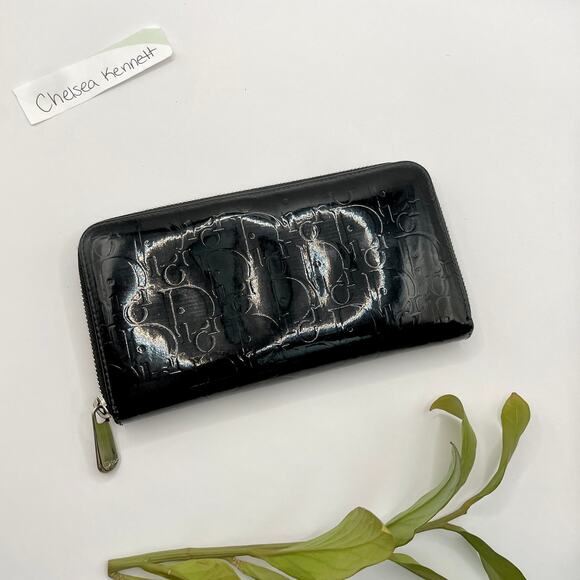 Christian Dior Diorissimo Patent Leather Zip Around Wallet Logo Black - Picture 1 of 11